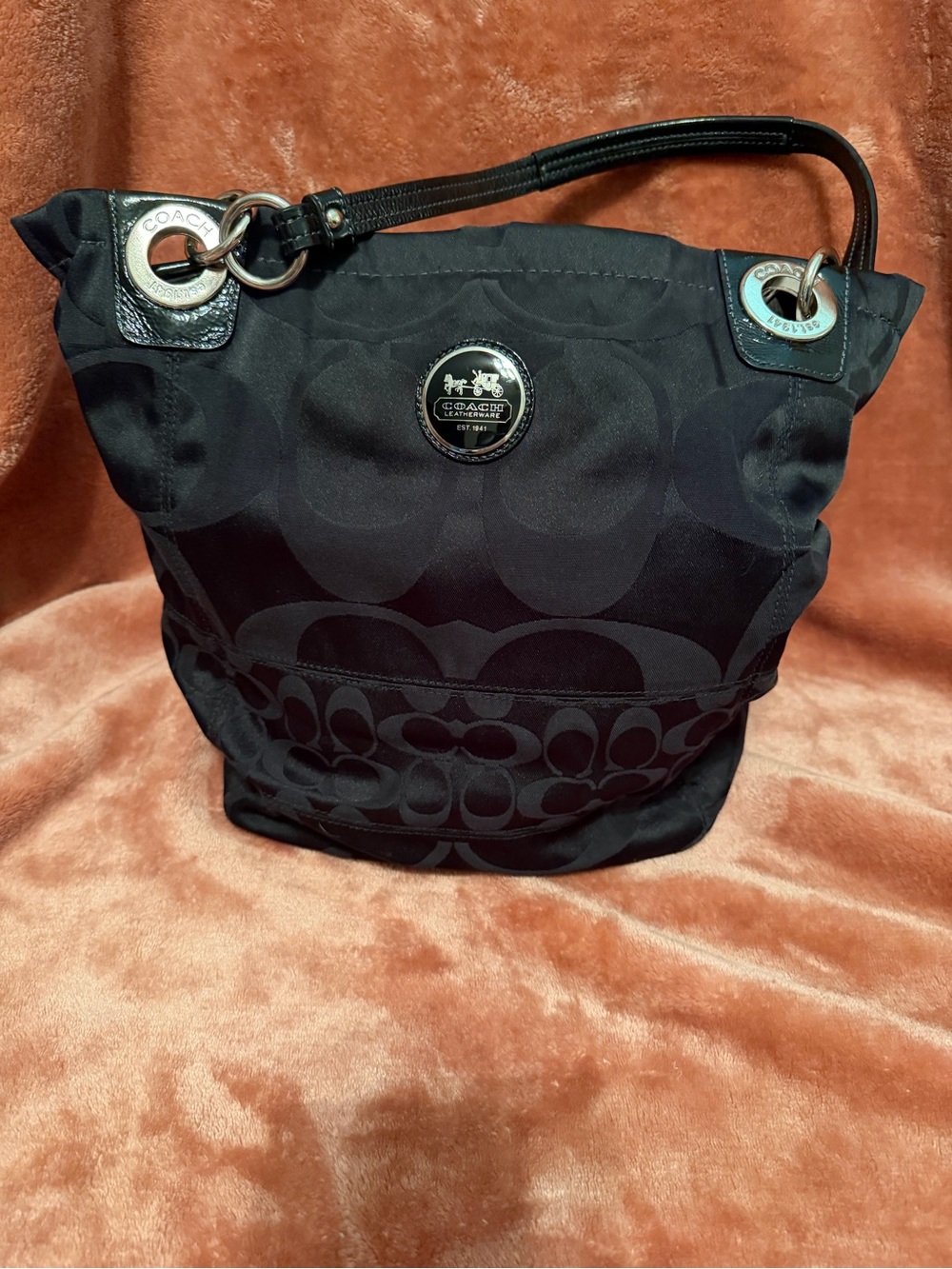 Coach Black Signature Jacquard Shoulder Bag with Silver Hardware